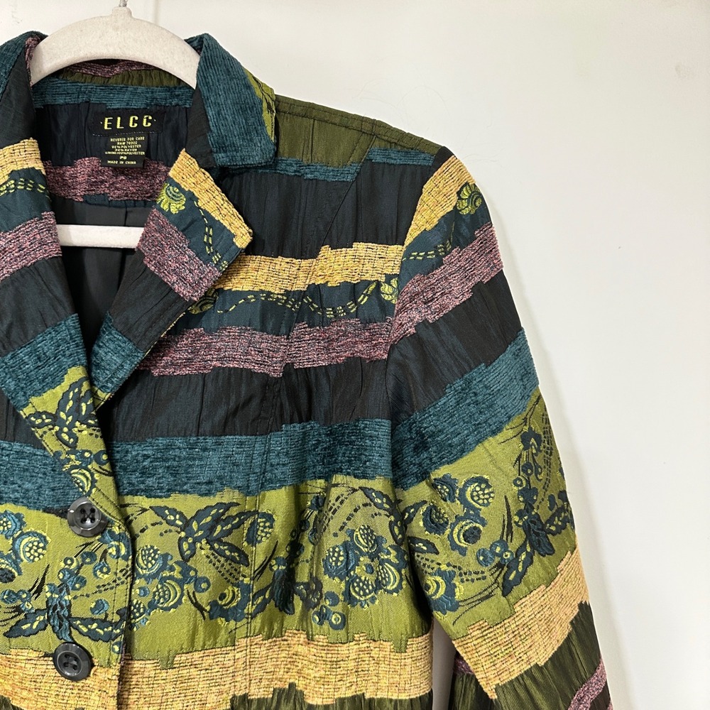 ELCC Women PS Blazer Jacket Multi Color Striped Floral Chenille Mixed Media Boho